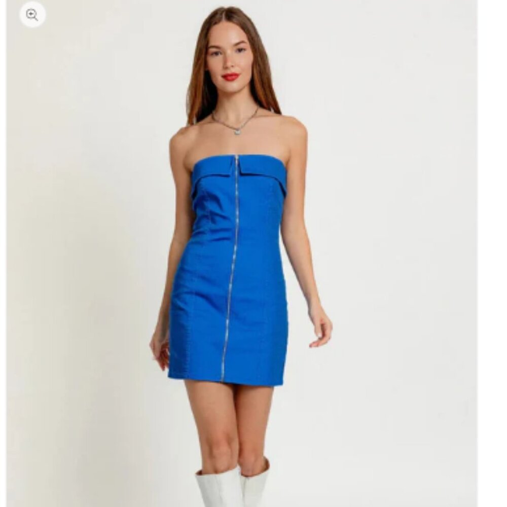 NWT Strapless Twill Front Zipper Tube Mini Dress Blue Size M